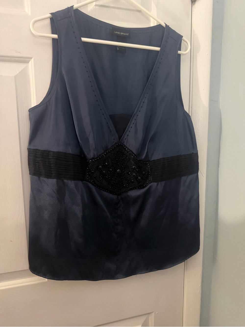 Lane Bryant Size 16 Navy Beaded Satin Sleeveless V Neck Top Y2K